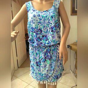 BNWOT LILY PULITZER DRESS Floral Blue/ Purple SZ. XL W/ TASSELS LIGHT & BOUNCY